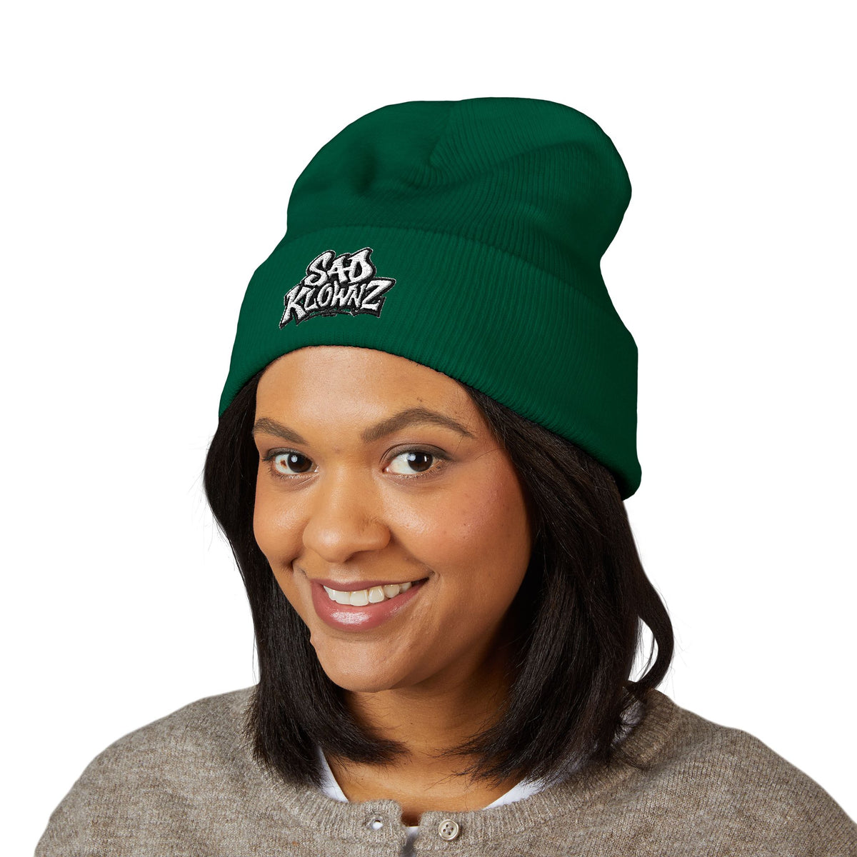 Embroidered "Sad Klownz" Cuffed Beanie — Yellow Knit Winter Hat