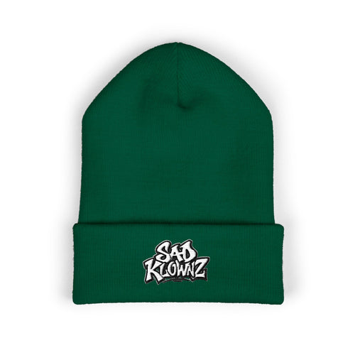 Embroidered "Sad Klownz" Cuffed Beanie — Yellow Knit Winter Hat