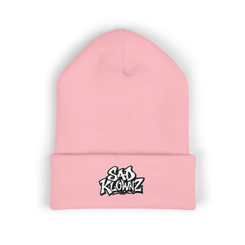 Embroidered "Sad Klownz" Cuffed Beanie — Yellow Knit Winter Hat