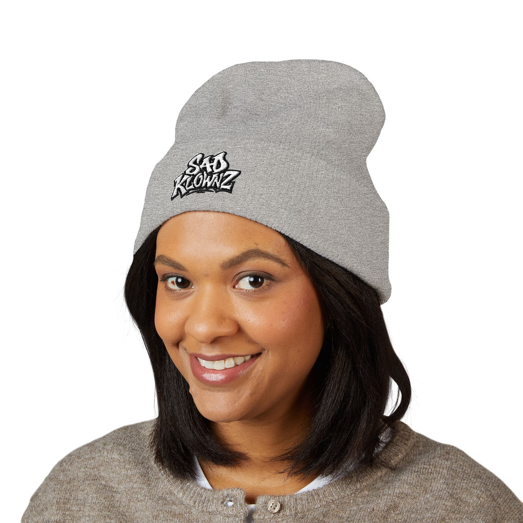 Embroidered "Sad Klownz" Cuffed Beanie — Yellow Knit Winter Hat