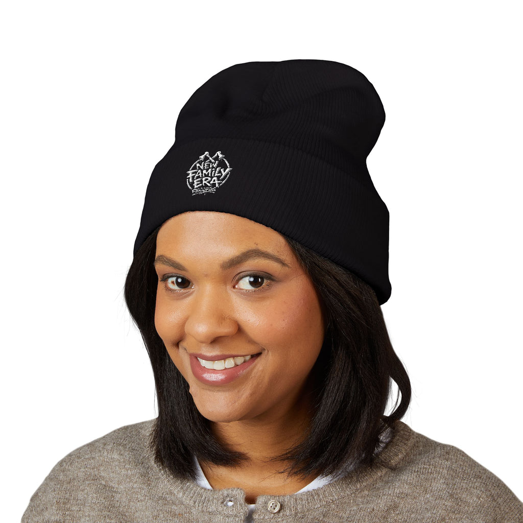 Embroidered Daisy Cuffed Beanie — Yellow Knit Winter Hat