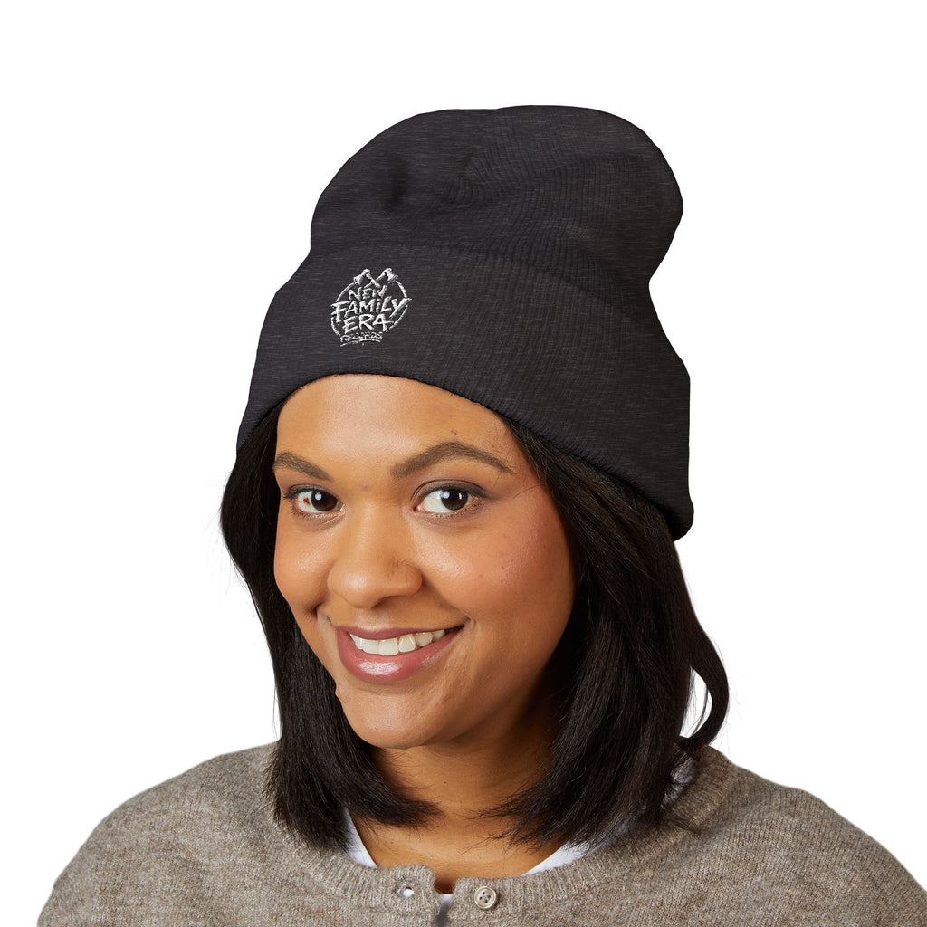 Embroidered Daisy Cuffed Beanie — Yellow Knit Winter Hat