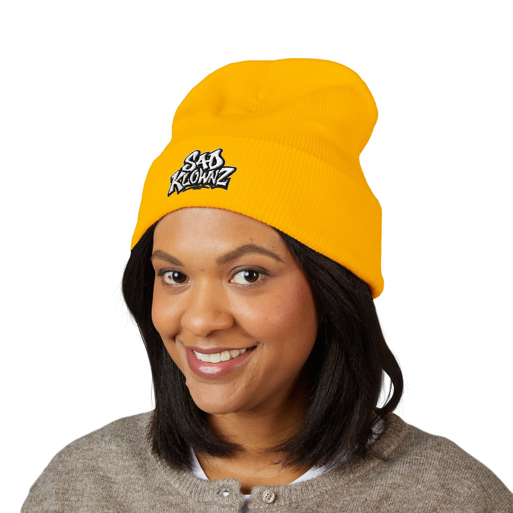 Embroidered "Sad Klownz" Cuffed Beanie — Yellow Knit Winter Hat