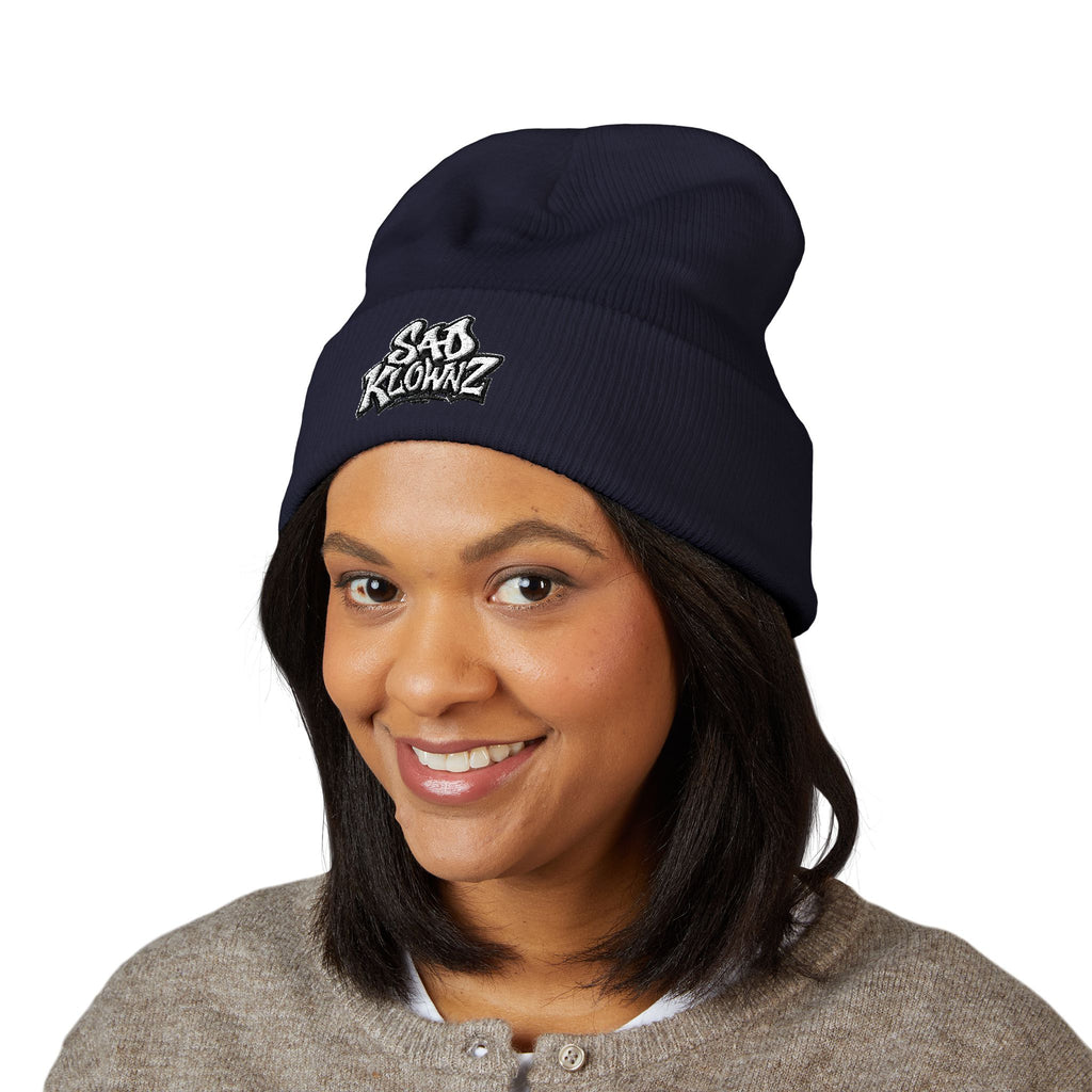 Embroidered "Sad Klownz" Cuffed Beanie — Yellow Knit Winter Hat