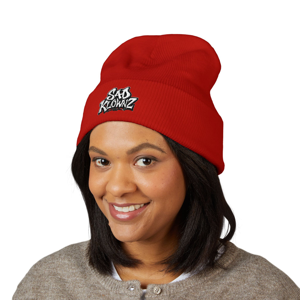 Embroidered "Sad Klownz" Cuffed Beanie — Yellow Knit Winter Hat