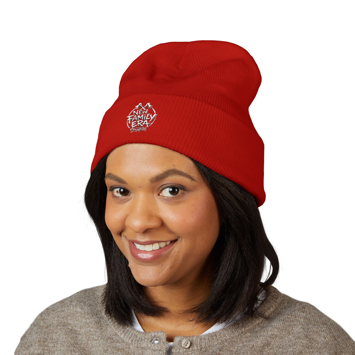 Embroidered Daisy Cuffed Beanie — Yellow Knit Winter Hat