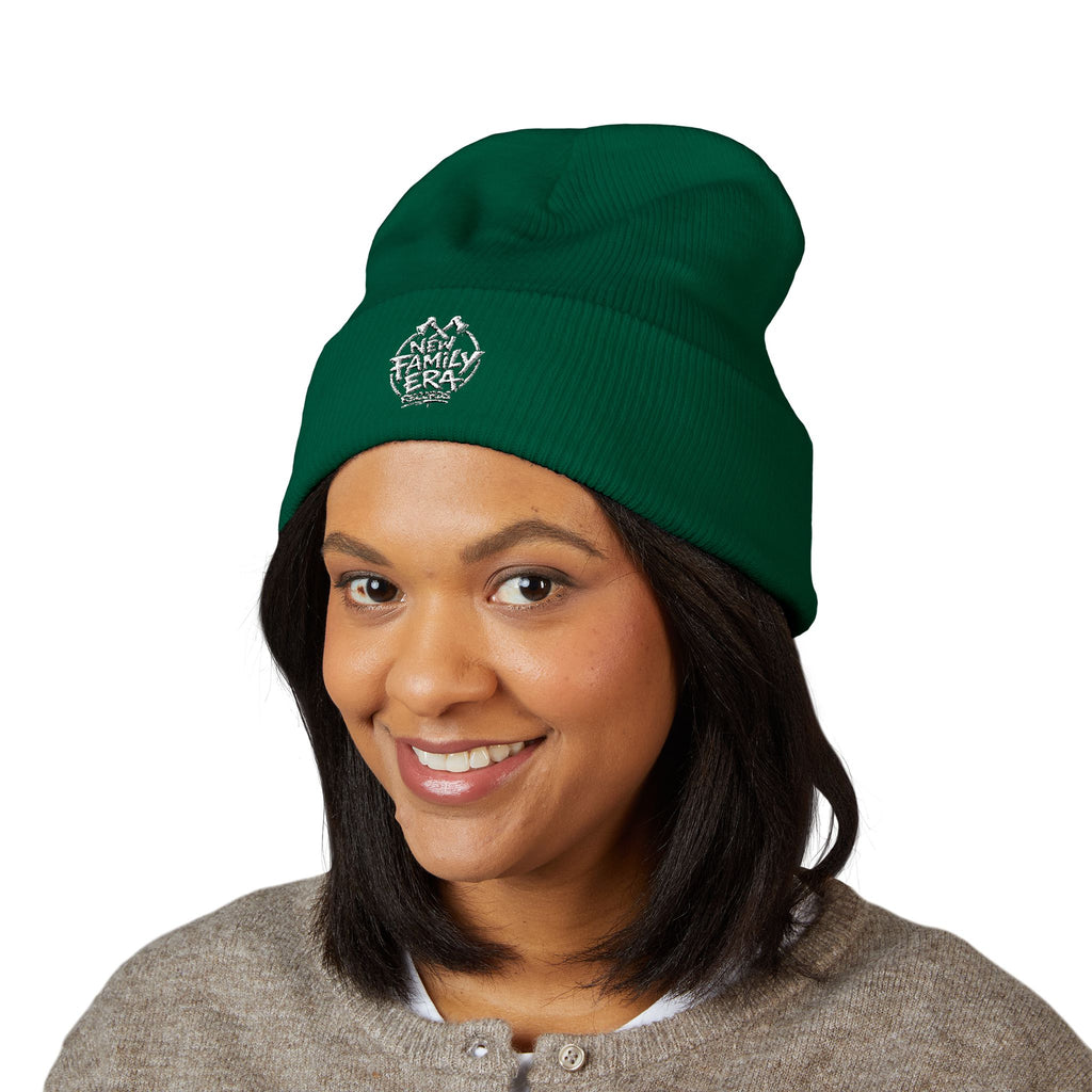 Embroidered Daisy Cuffed Beanie — Yellow Knit Winter Hat