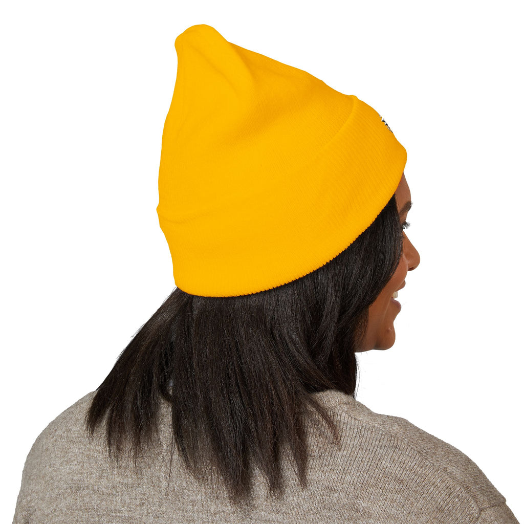 Embroidered Daisy Cuffed Beanie — Yellow Knit Winter Hat