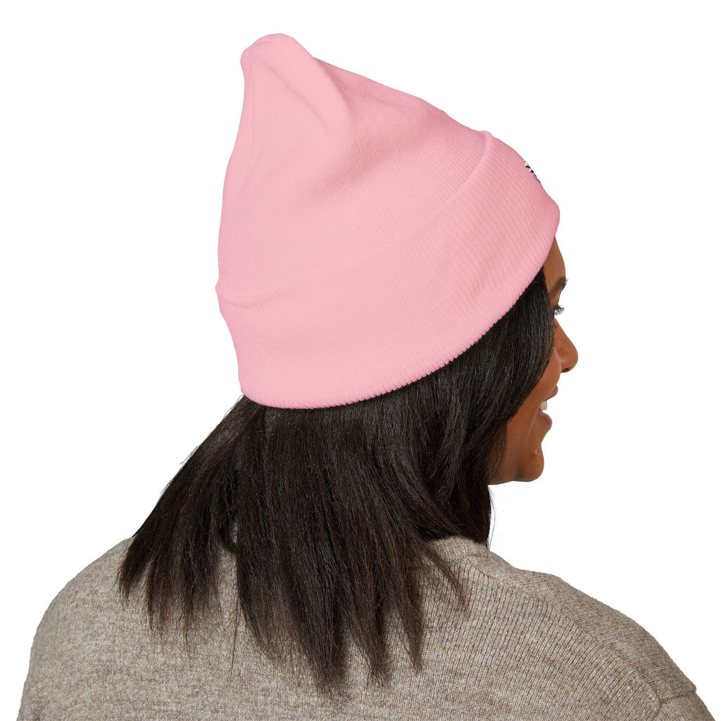 Embroidered Daisy Cuffed Beanie — Yellow Knit Winter Hat