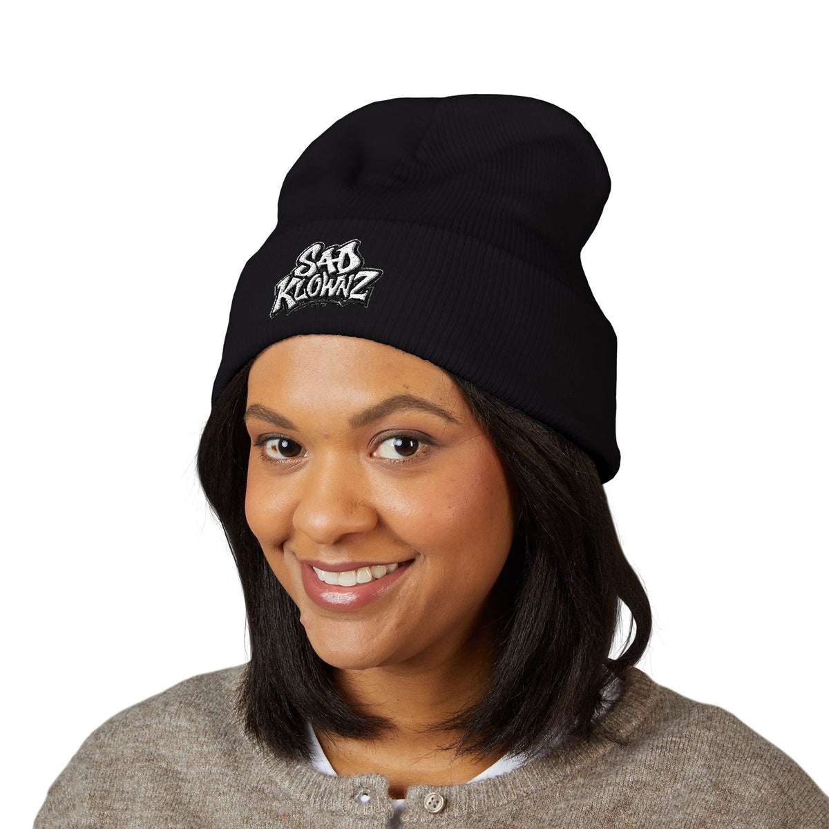 Embroidered "Sad Klownz" Cuffed Beanie — Yellow Knit Winter Hat
