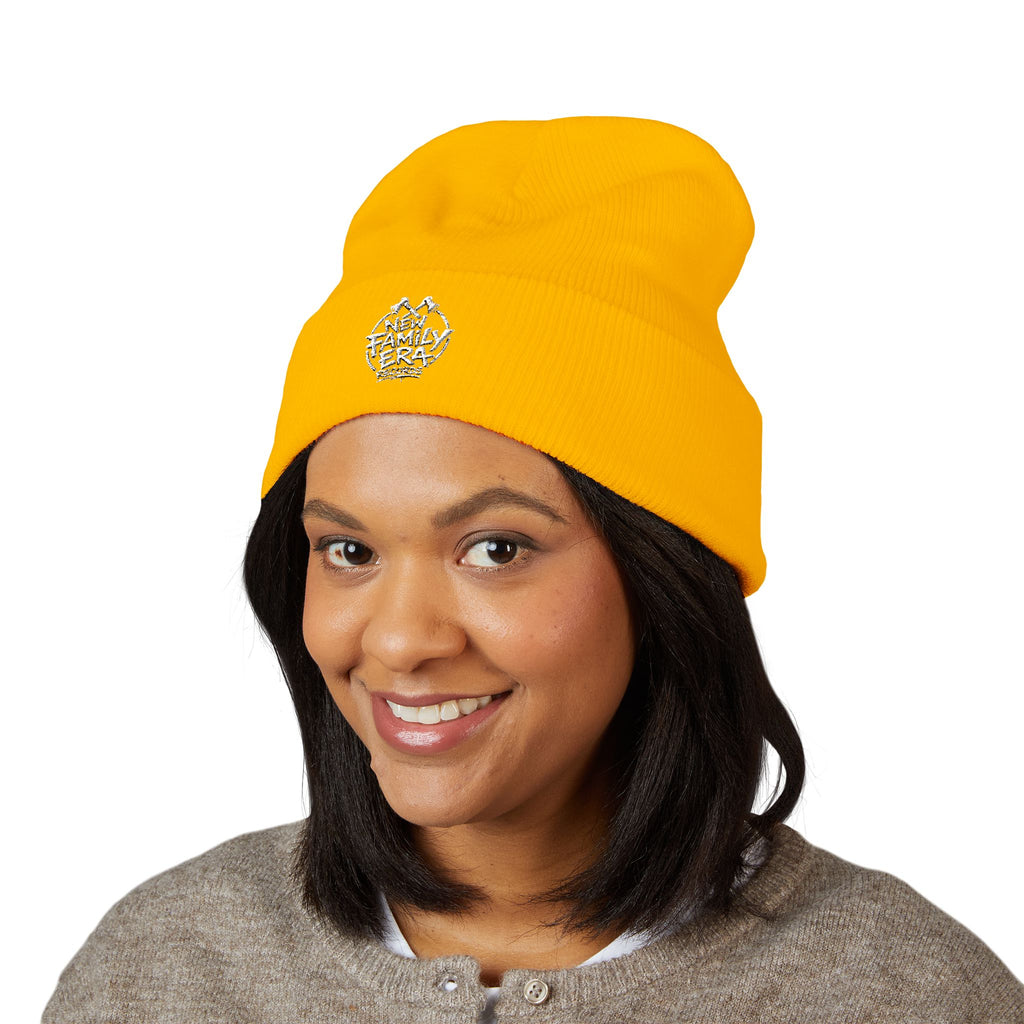 Embroidered Daisy Cuffed Beanie — Yellow Knit Winter Hat