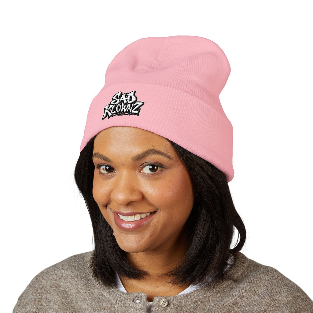 Embroidered "Sad Klownz" Cuffed Beanie — Yellow Knit Winter Hat