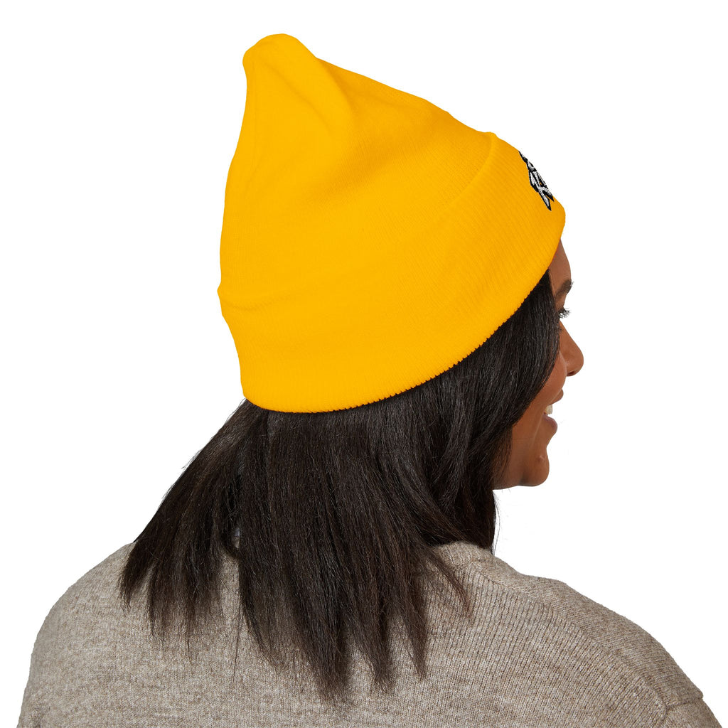 Embroidered "Sad Klownz" Cuffed Beanie — Yellow Knit Winter Hat